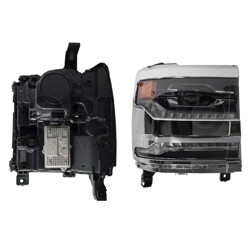 Faro derecho f / negro con led con lupa con mica ambar filo cromo